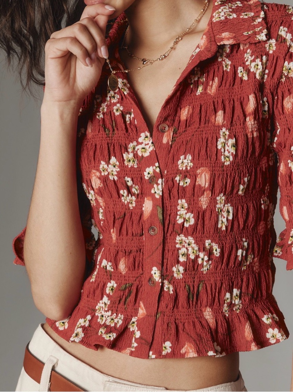 Maeve Anthropologie Red Floral Smocked Button-Front Top S